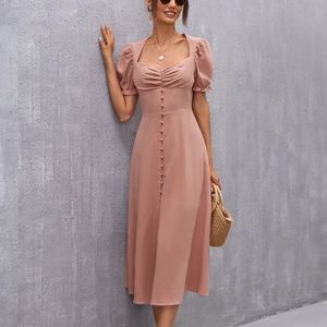 SHEIN Puff Sleeve Ruched Button Front Dress